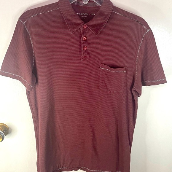 John Varvatos Maroon and Grey Striped Collared Short Sleeve Size Small - Picture 1 of 12